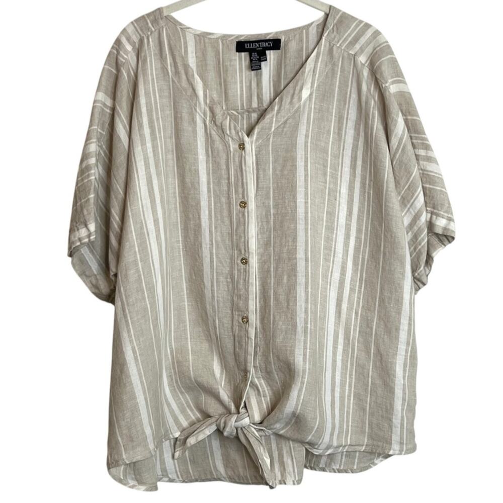 Ellen Tracy Linen Blouse XL Beige White Striped Tie Front Short Sleeve